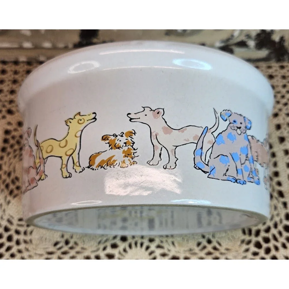 Vintage Ceramic White Dog Food Dish Bowl w/ Cartoon Dogs Different Breeds